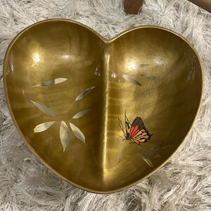 Vintage Catalina Lacquerware Gold Tone Divided Heart Trinket Dish Bowl